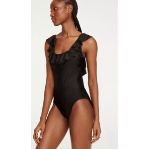 J. Crew Black Ruffle‎ Scoop Back One-Piece Swim Suit Size 12 NEW